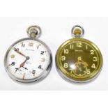 HELVETIA; two crown wind open faced military pocket watches to include a black face example set with