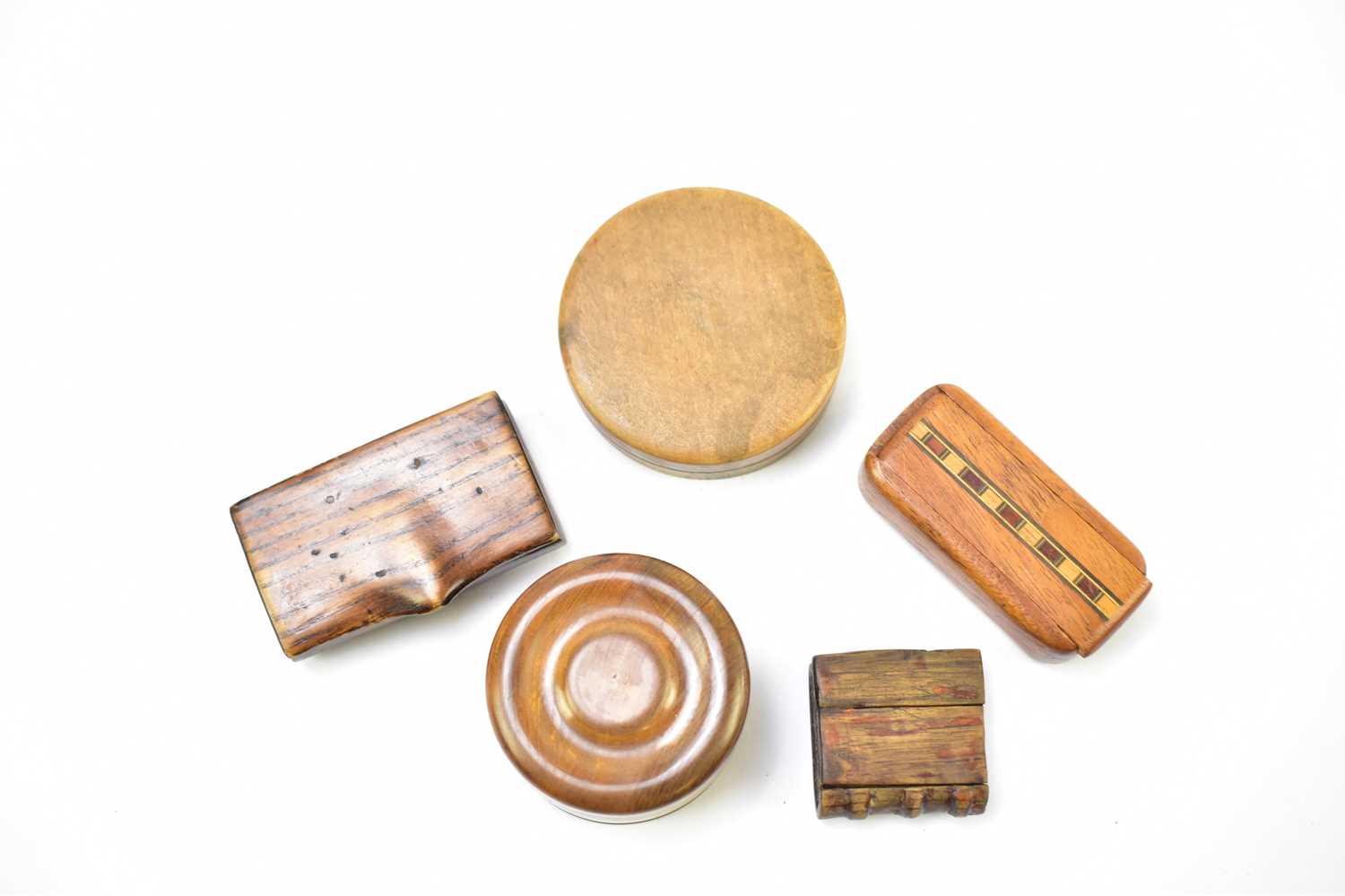 Five early 20th century and later treen snuff boxes to include a circular example, diameter 6cm, a - Image 2 of 3