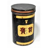 A circa 1900 Chinese tin cylindrical tea canister with simple lift off lid, gilt detail no.7 and