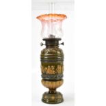 DOULTON LAMBETH; an impressive late 19th century Artware oil lamp, with cranberry and clear glass