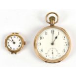 A 9ct gold crown wind pocket watch, the enamel dial with Arabic numerals and subsidiary seconds,