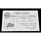 BANK OF ENGLAND; a white £5 note dated May 4th 1938, numbered B21365756, with signature of Chief