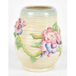 CLARICE CLIFF; a Newport Pottery ribbed floral decorated vase, printed marks to base, height 22cm.