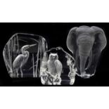 MAX JONASSON; three contemporary glass sculptures to include elephant, height 21cm (3).Light surface