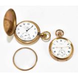 WALTHAM; a gold plated crown wind open face pocket watch, the enamel dial set with Roman numerals