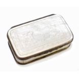 A 19th century white metal mounted mother of pearl snuff box of shaped rectangular, with chased