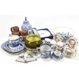 A collection of 19th century and later ceramics including Delft octagonal lidded jar, loving cup,