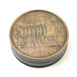 A 19th century French metal and lacquered snuff box of circular form depicting guards at Versailles,