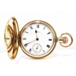 WALTHAM; a crown wind gold plated full hunter pocket watch, the outer case with engine turned