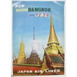 A vintage aviation poster, Japan Air Lines 'Now.....Discover Bangkok JAL' 90.5 x 61.5cm, linen