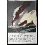 A WWII poster after an image by Norman Wilkinson 'A few careless words may end in this, many lives