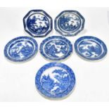 WORCESTER; two Pearlware octagonal blue and white plates decorated with Oriental figures in