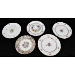 HEREND; five hand painted plates to include two examples with basket weave and floral decoration,