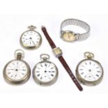 Four silver plated pocket watches to include two crown wind examples, one example signed 'The