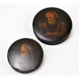 Two 19th century hand painted circular snuff boxes to include an example decorated with a seated