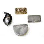 A 19th century pewter snuff box of curved form, width 7.5cm, together with a silver plated example