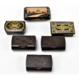 A collection of assorted snuff boxes to include three bakelite examples with geometric decoration,