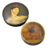 A 19th century hand painted snuff box of circular form, decorated with a portrait of a maiden