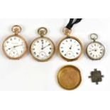 Three gold plated crown wind pocket watches, with a silver fob watch and a white metal religious