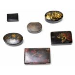 A collection of six 19th century and later papier-mâché and lacquered snuff boxes to include an