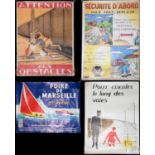 Three vintage French railway staff warning posters and a French maritime poster, average size 38 x