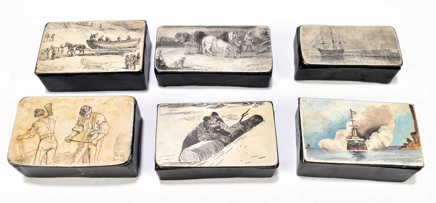 Six reproduction snuff boxes of rectangular form, decorated with various scenes including martime