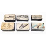 Six reproduction snuff boxes of rectangular form, decorated with various scenes including martime