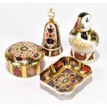 ROYAL CROWN DERBY; four pieces of ceramics comprising a circular lidded trinket box, a shaped