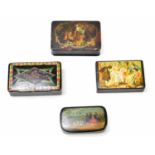 Four 19th century snuff boxes to include three papier-mâché examples, one decorated with a horse