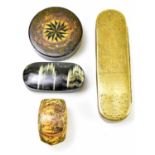A 19th century brass snuff box of oval form with chased decoration of figures and inscribed '