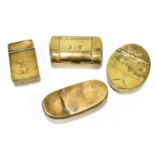 Four Georgian brass snuff boxes to include an oval example, width 9cm, a shaped rectangular