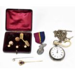 A hallmarked silver key wind open face pocket watch, the enamel dial set with Roman numerals,