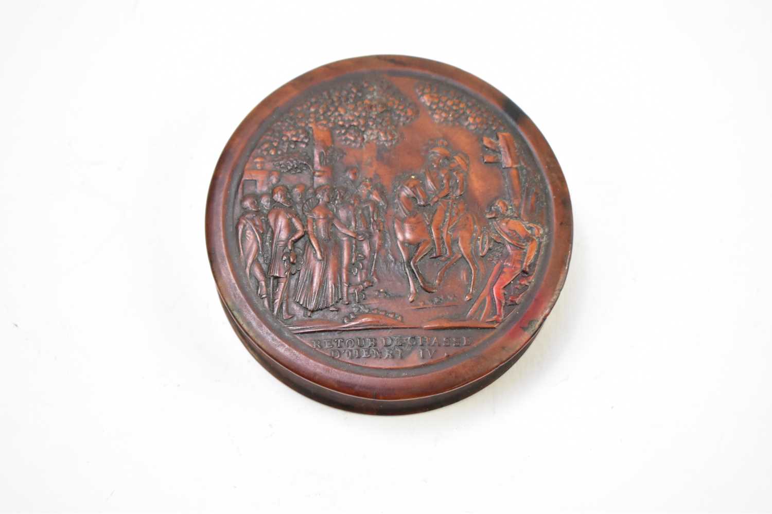 A 19th century French burr wood snuff box of circular form embossed with figures on horseback, - Image 2 of 5