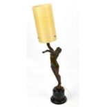 An Art Deco style bronzed spelter figural lamp, with associated shade on marble base, height without