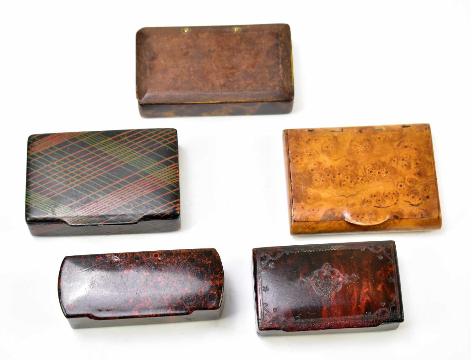 A collection of 19th century and later snuff boxes to include a tartanware example, width 8cm, a