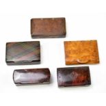 A collection of 19th century and later snuff boxes to include a tartanware example, width 8cm, a