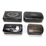 Three Victorian papier-mâché snuff boxes to include an example with wire and jewelled detail,