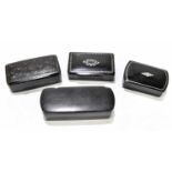 Four Victorian papier-mâché snuff boxes to include a rectangular example with pewter inlay, width