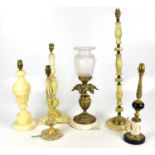 A collection of assorted table lamps to include a gilt metal example with frosted glass shade