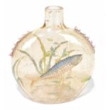 A late 19th/early 20th century Art Glass flask of circular form with enamelled decoration of fish