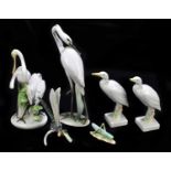 HEREND; a collection of six porcelain figures to include crane, height 26cm, model of a dragonfly,