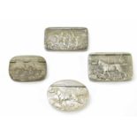 Three 19th century pewter snuff boxes to include an example with embossed detail of a hunting scene,