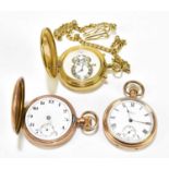 WALTHAM; a gold plated crown wind open faced pocket watch, the enamel dial set with Roman numerals