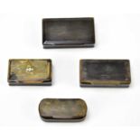 Four 19th century horn snuff boxes to include three rectangular examples, one with white metal