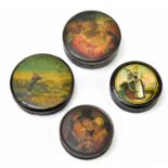 Four 19th century hand painted snuff boxes to include an example of a huntsman in Continental