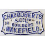 RAILWAYANA; builders plate, Chas Roberts & Co Ltd, Wakefield 1951, 16 x 27cm.