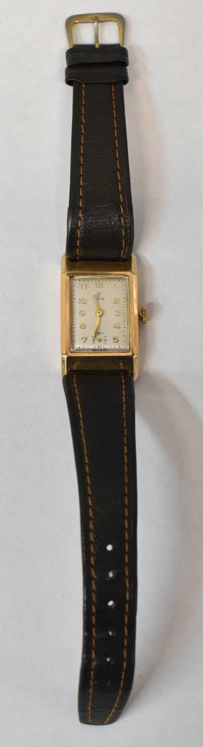 TUDOR; a 9ct gold tank style gentleman's manual wind wristwatch, the dial with gold baton, Arabic