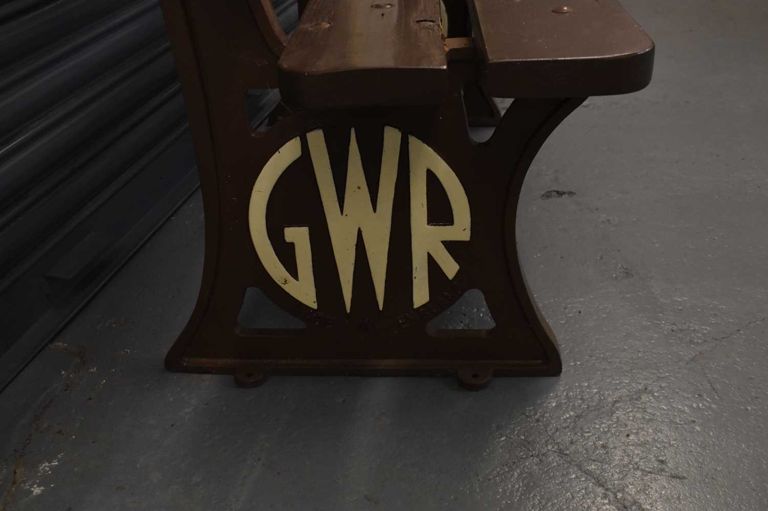 RAILWAYANA; a GWR platform bench with cast iron base and wooden seat, length 120cm. - Image 2 of 5