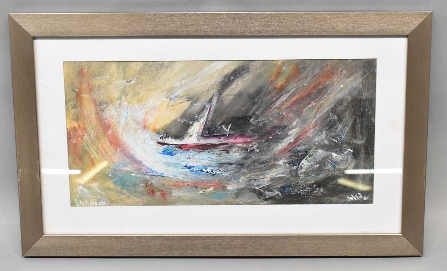 DAVID WILDE (BRITISH 1918-1978); acrylic on board 'Shipwreck', signed, 37.5 x 17.5cm, framed and