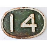 RAILWAYANA; cast iron oval sign '14', 20.5 x 29cm.